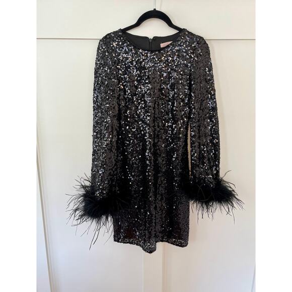 NEW Hutch Long Sleeve Mini Sequin Dress with Feather Cuffs Black Size XXS - Picture 2 of 6